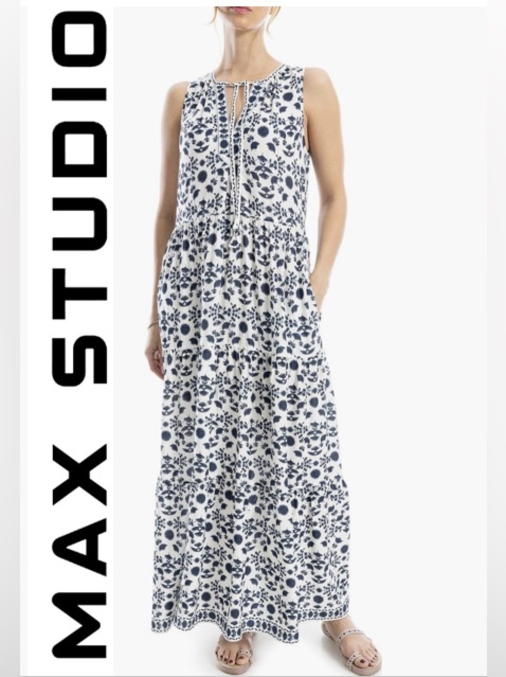 MAX STUDIO Sleeveless
Tiered Maxi Dress in Cream/Navy Sz S